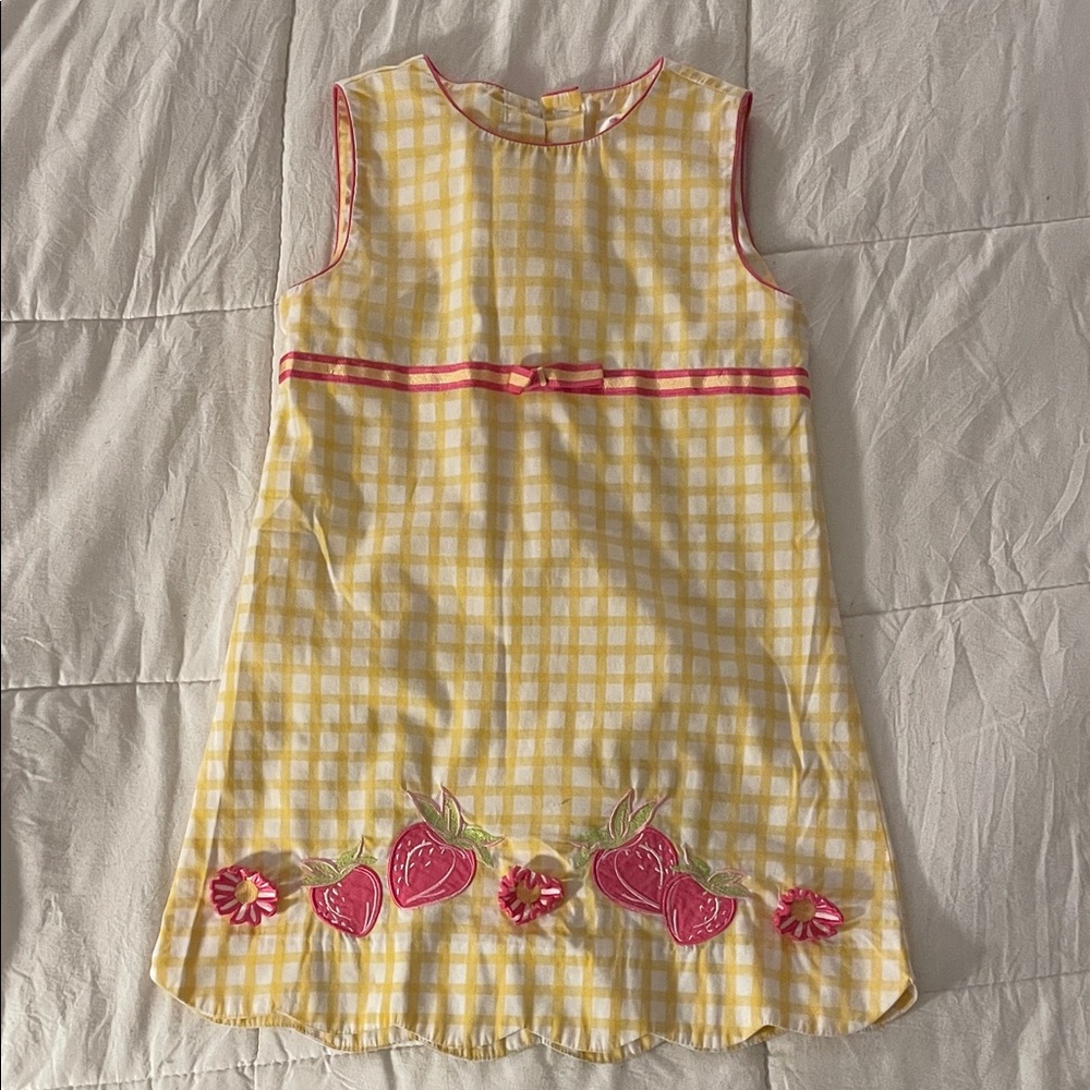 Yellow Gingham Kids Dress with Pink Strawberry Appliqués